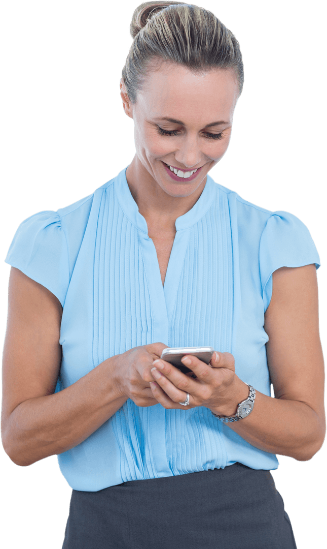 Smiling Businesswoman Using Smartphone in Transparent Background