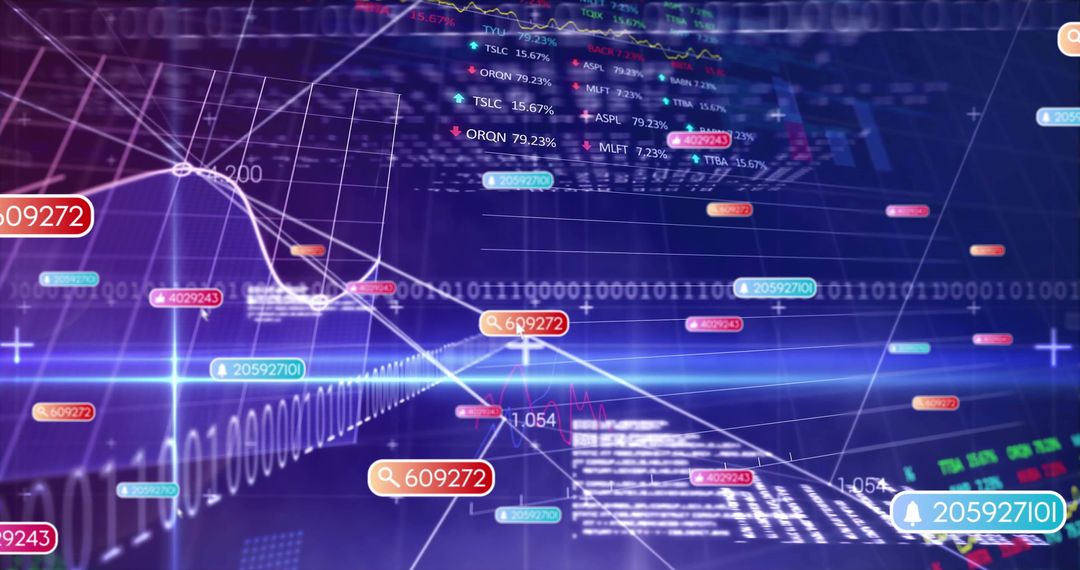 Futuristic Financial Data Visualization with Numeric Tags and Binary Code