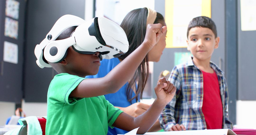 Child Experiencing VR in Classroom with Teacher and Peer Engagement