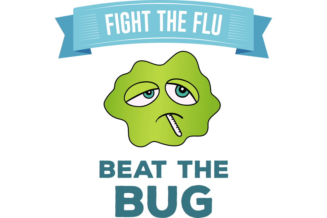 Sad Green Virus Spot with Fight the Flu Text Transparent Background Vector