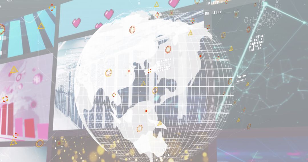 Digital Globe with Data Visualizations on Screens Illustrating Global Connectivity