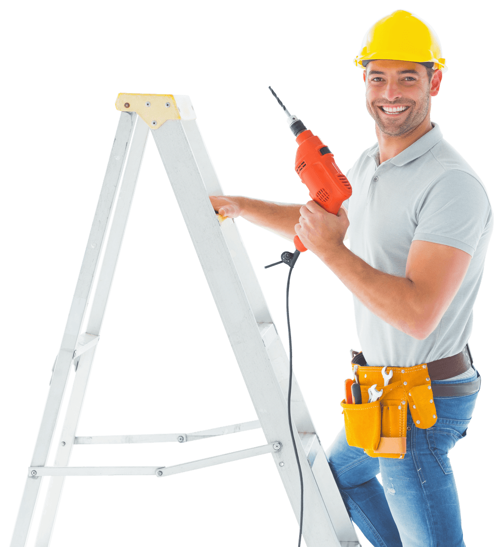 Happy Construction Worker Holding Drill on Transparent Background