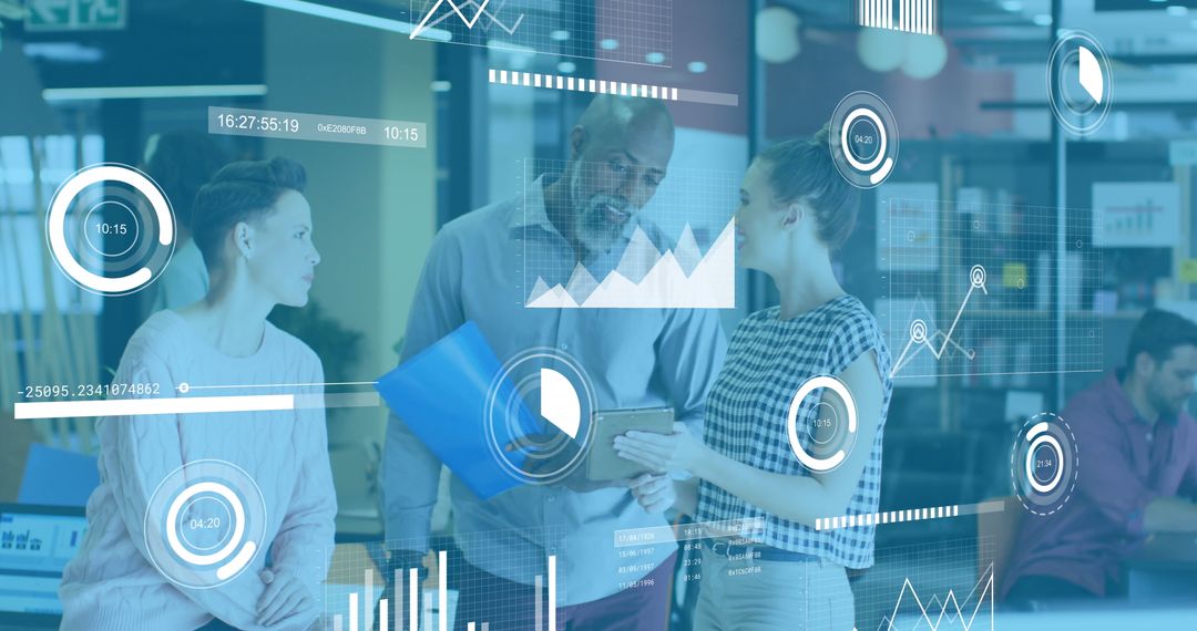 Diverse Coworkers Analyzing Reports with Digital Interface