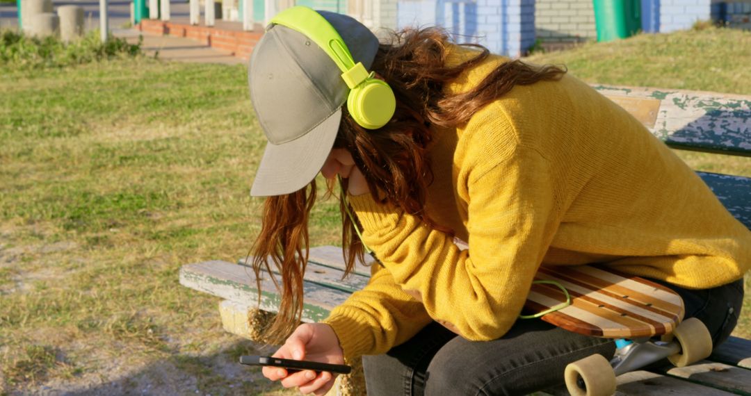 Girl Listening to Music on Bench with Headphones - Free Images, Stock Photos and Pictures on Pikwizard.com