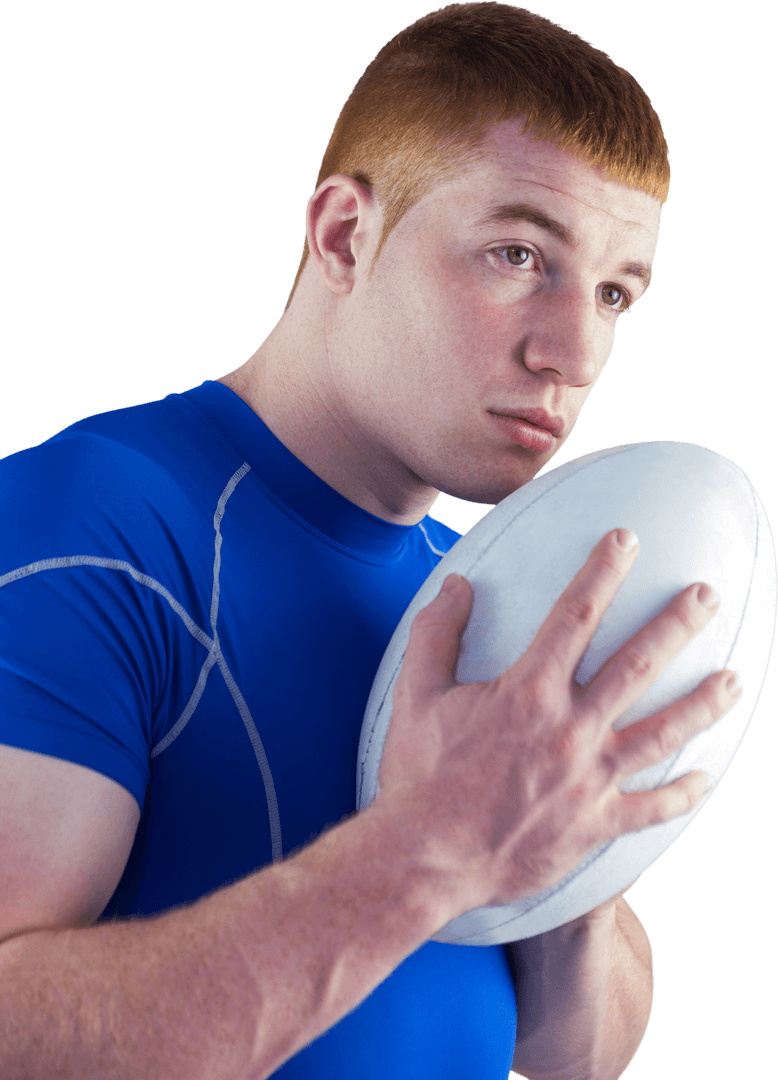 Rugby Player Holding Ball on Transparent Backdrop