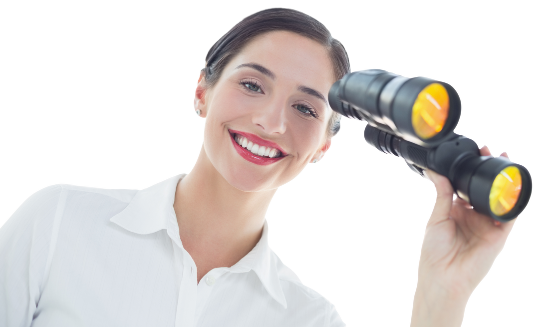 Transparent background of smiling businesswoman with binoculars - Download Free Stock Images Pikwizard.com