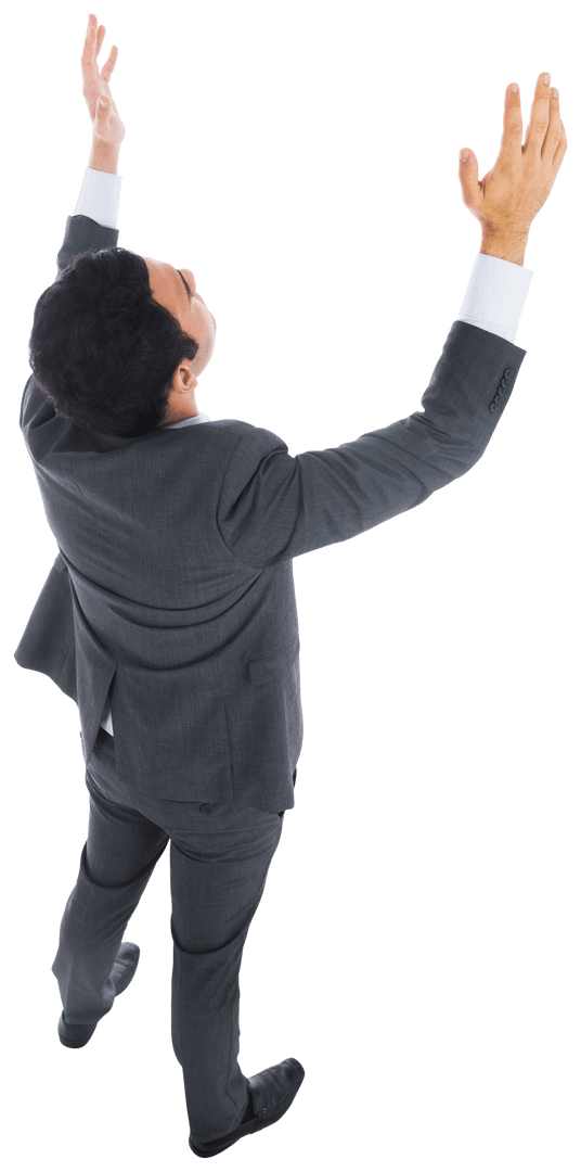 Biracial Businessman Raising Hands on Transparent Background