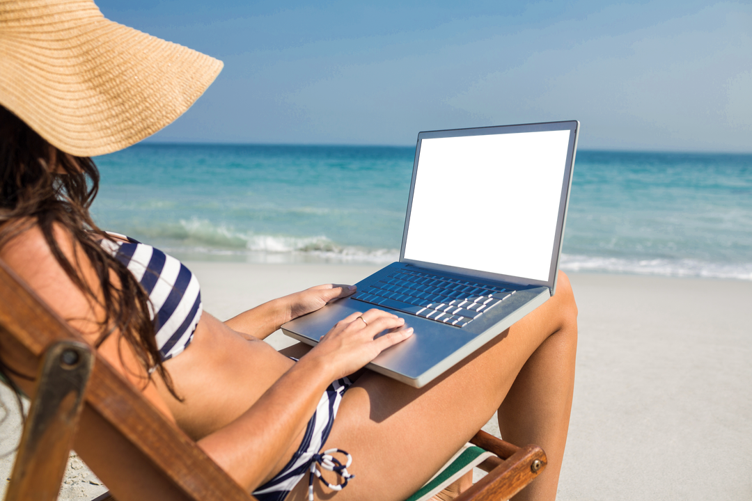 Woman with Laptop Relaxing on Beach with Transparent Hat and Clear Sky - Download Free Stock Images Pikwizard.com