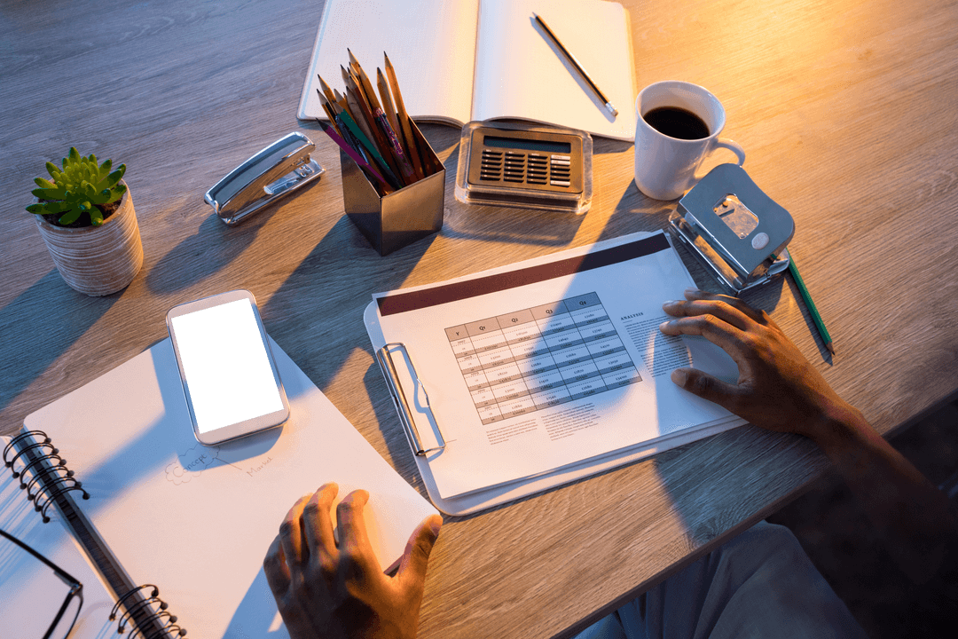 Transparent Workspace with Hands on Desk Professional Setting