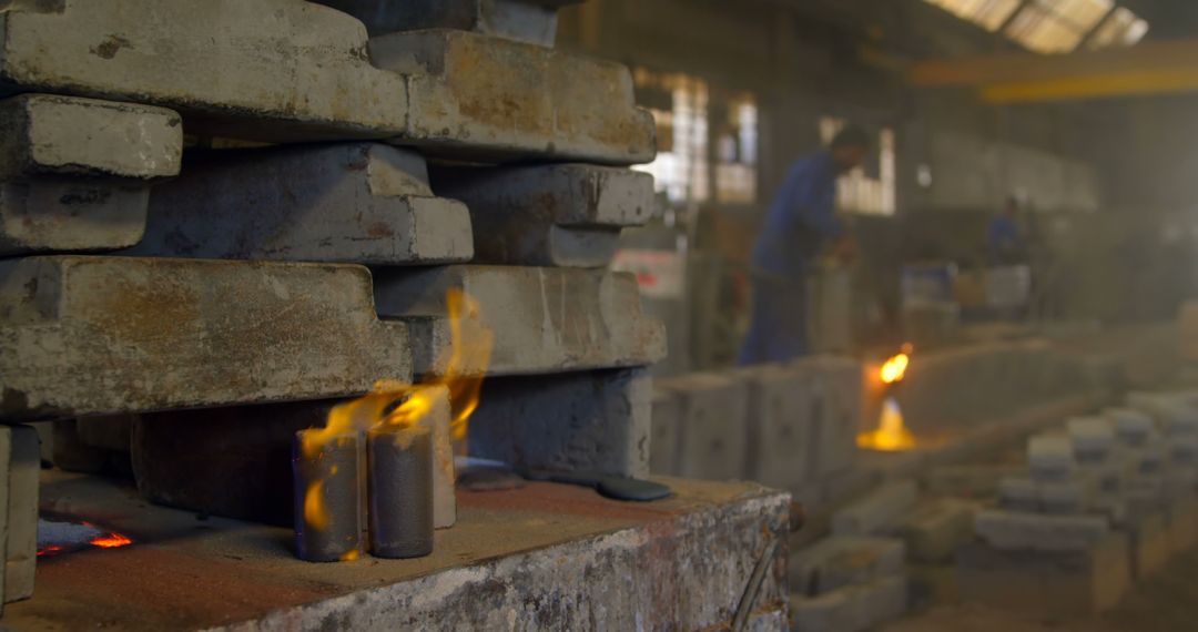 Workers in Iron Foundry with Molten Metal and Flames - Free Images, Stock Photos and Pictures on Pikwizard.com