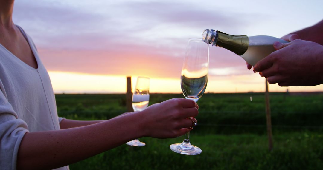 A sunset gathering features a shared sparkling drink, symbolizing celebration and relaxation. - Free Images, Stock Photos and Pictures on Pikwizard.com