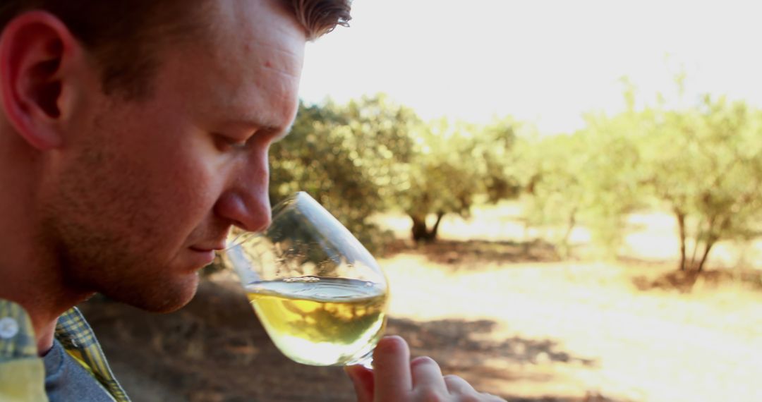 Young Man Enjoying Glass of White Wine in Vineyard - Free Images, Stock Photos and Pictures on Pikwizard.com