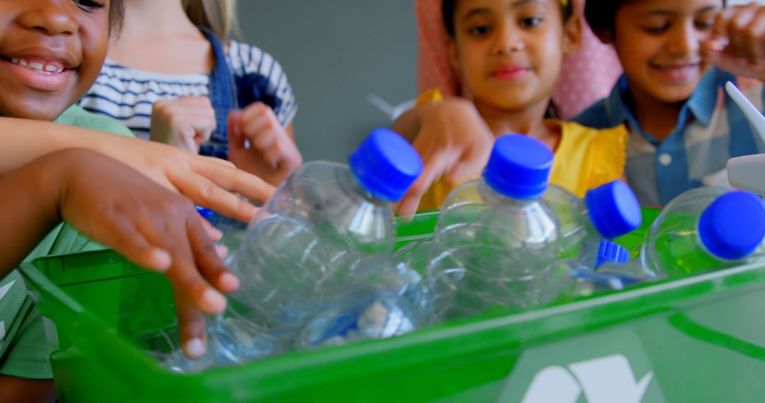 Children Engaged in Classroom Recycling Activity with Plastic Bottles