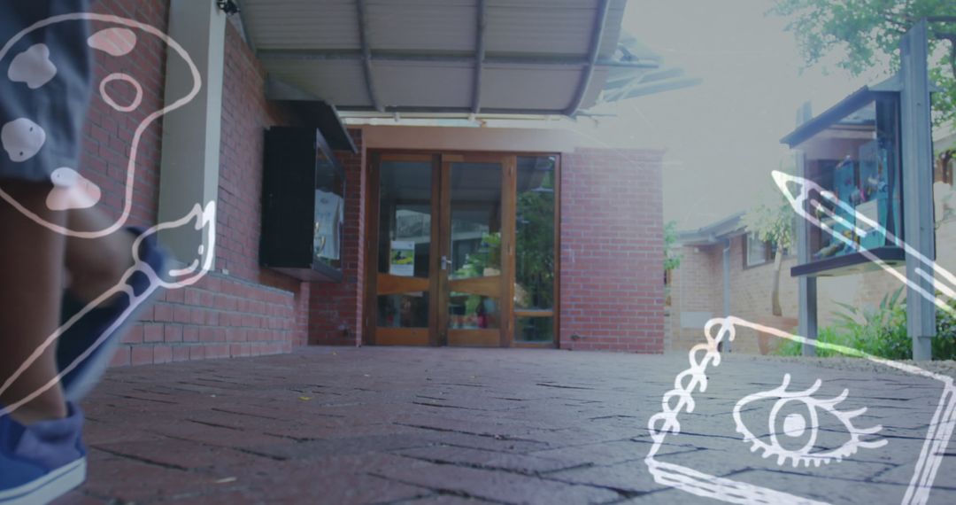 Student Entering School with Doodles Symbolizing Creativity