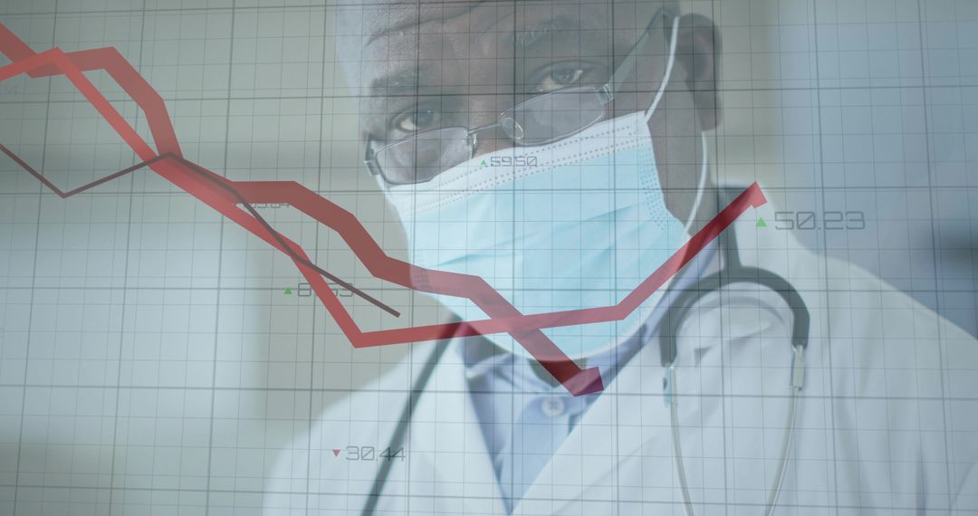 Masked Physician with Stethoscope, Red Rising Data Graph Overlay for Healthcare Analytics