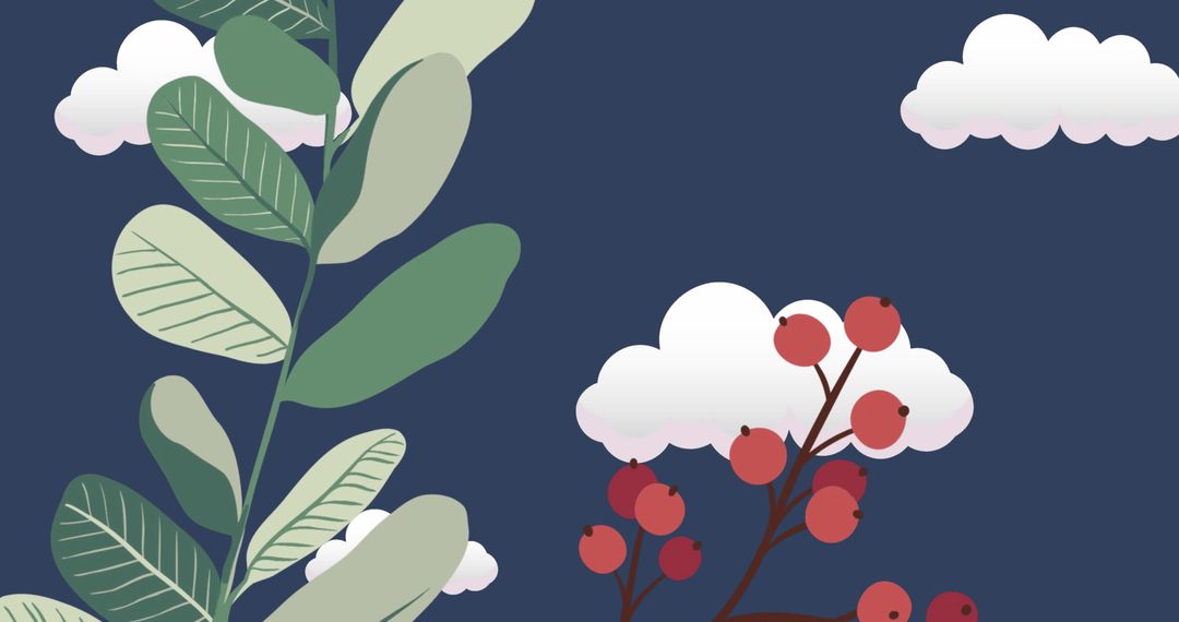 Abstract Nature Illustration with Leaves and Berries on Blue