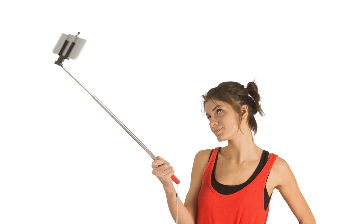 Casual Woman Using Selfie Stick on Transparent Background