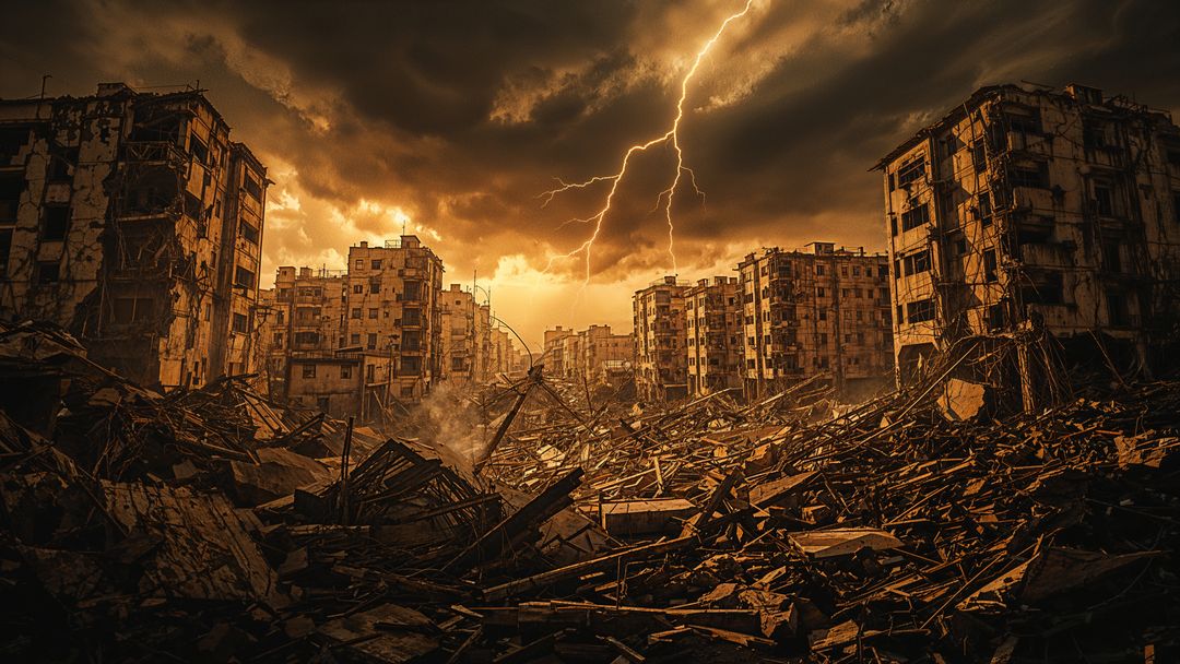 Lightning bolt strikes war-torn cityscape amidst earthquake destroyed buildings