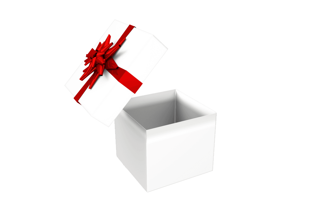 Open White Gift Box with Red Ribbon and Bow on Transparent Background