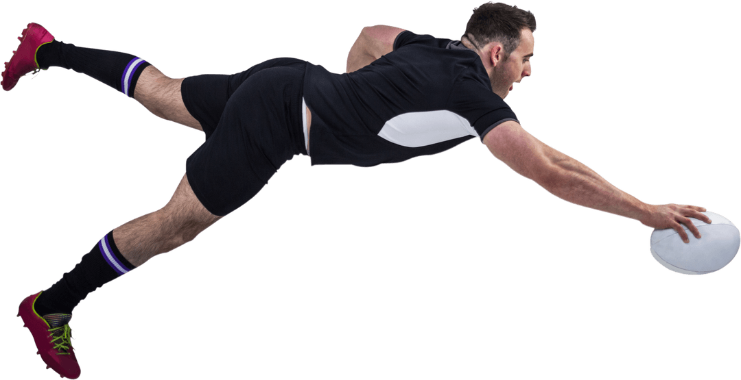 Rugby Player Diving and Scoring Try Transparent Background