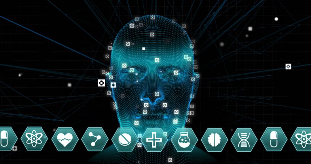 Digital Human Head Interface with Medical Technology Symbols