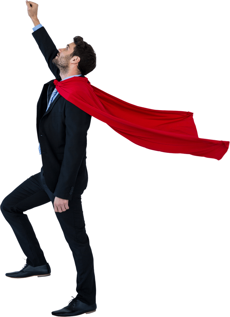 Transparent Businessman in Superhero Pose with Red Cape