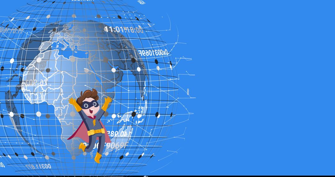 Cartoon Child Hero Flying Among Digital Globe Network