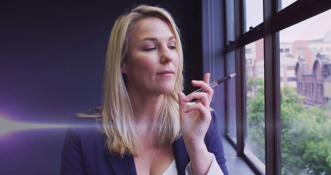 Business Woman Contemplating Using Vape Pen in Modern Office