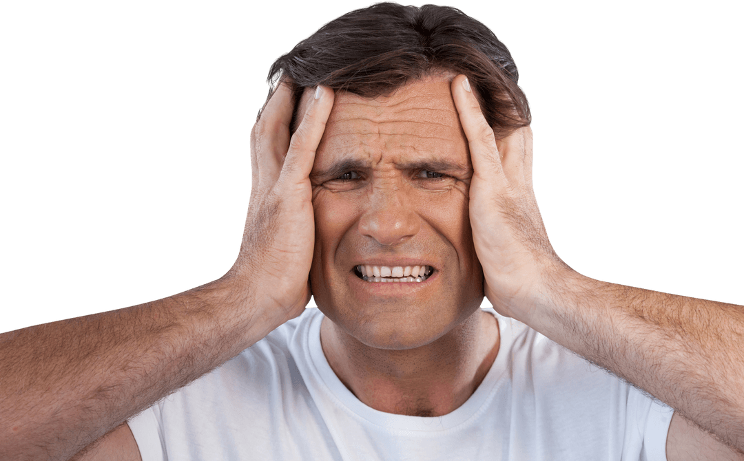 Transparent Close-up of Stressed Mature Man Holding Head
