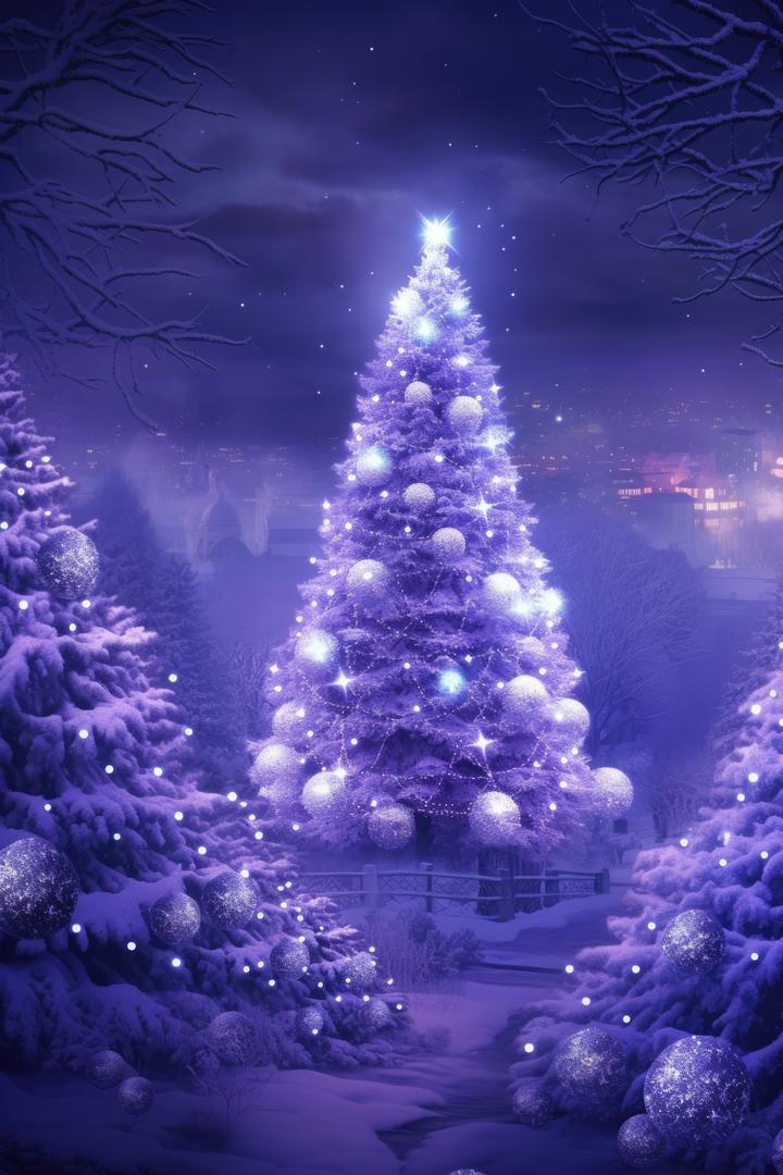 Magical Purple Christmas Tree Lit with Sparkling Lights in Winter Night - Free Images, Stock Photos and Pictures on Pikwizard.com