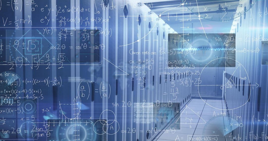 Futuristic Data Center with Mathematical Equation Overlays
