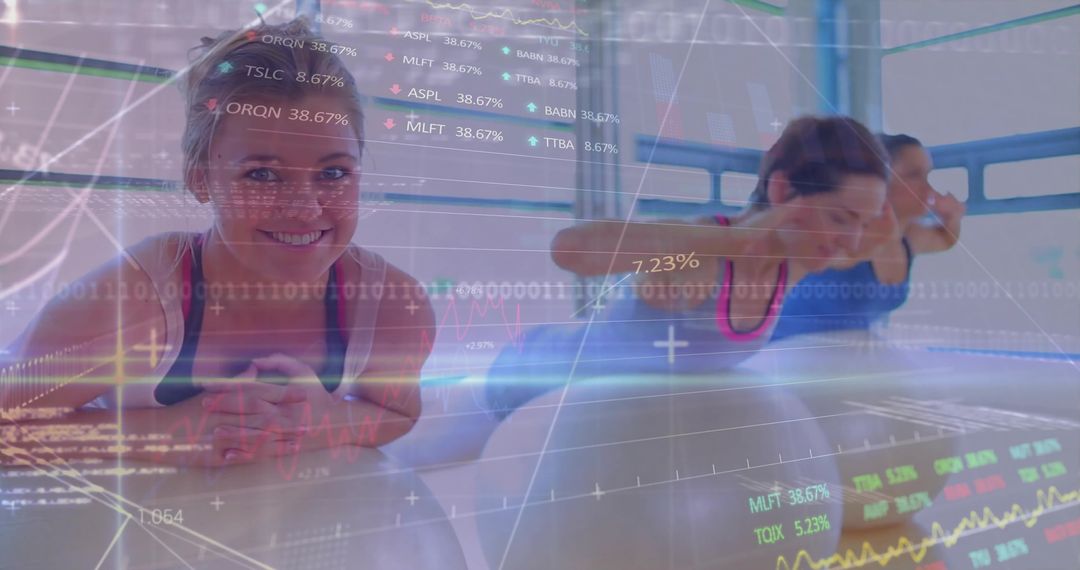 Women exercising on stability balls with financial data overlay, core strength training