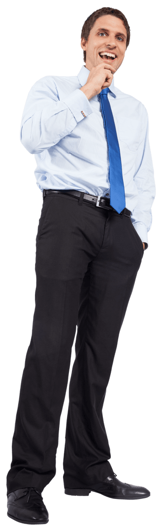 Confident Businessman Pondering with Blue Tie on Transparent Background
