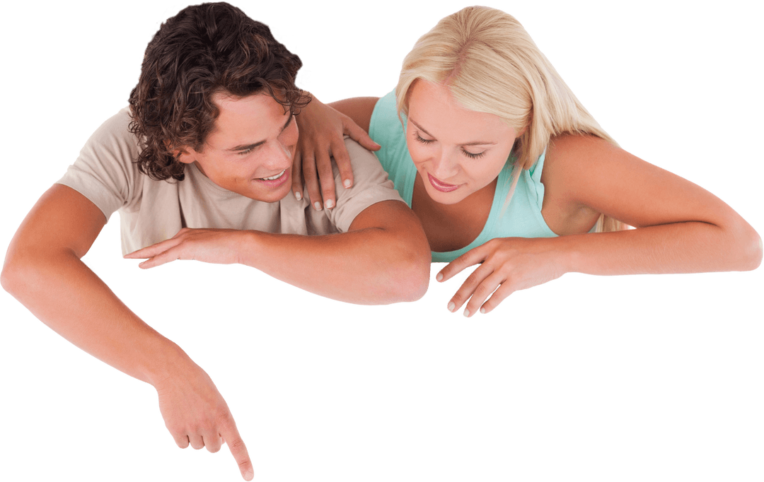 Smiling Couple Pointing Downward Transparent Background