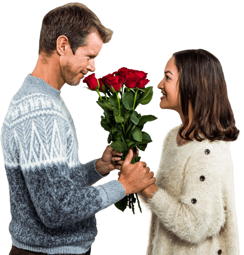 Transparent Romantic Couple Holding Red Roses in Love