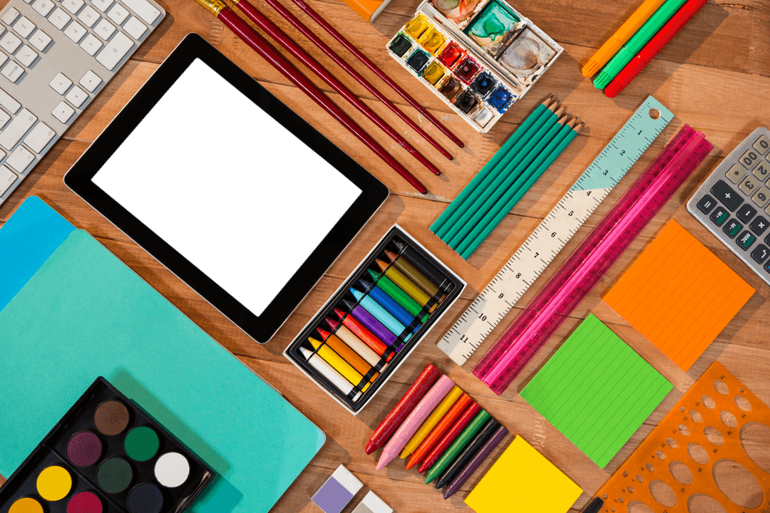 Transparent Flat Lay of Art Supplies with Digital Tablet