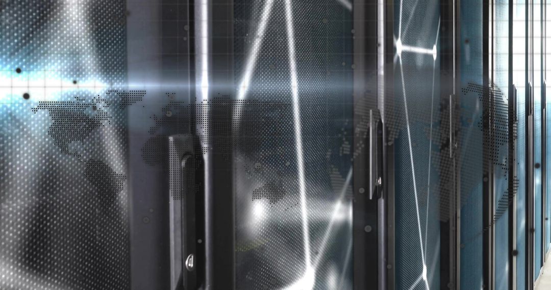 Modern Data Center Corridor with Digital World Map Aspect