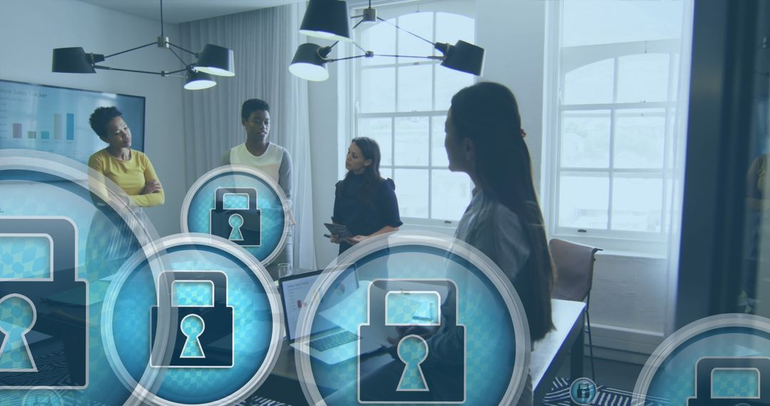 Diverse Female Team Discussing Cybersecurity Solutions in Modern Office