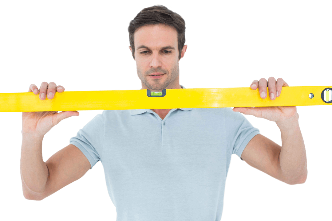 Transparent Image of Man Holding Spirit Level Focused on Task