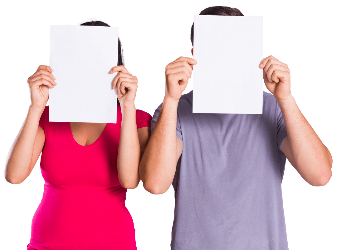 Couple Hiding Faces With Blank Paper on Transparent Background