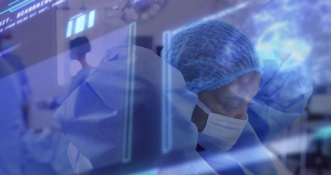 Focused Surgeon in Operating Room with Futuristic Data Overlay