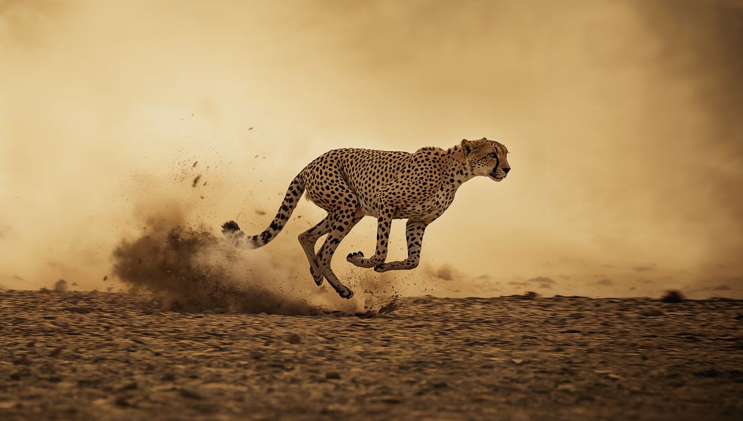 Cheetah Sprinting Through Dusty Desert