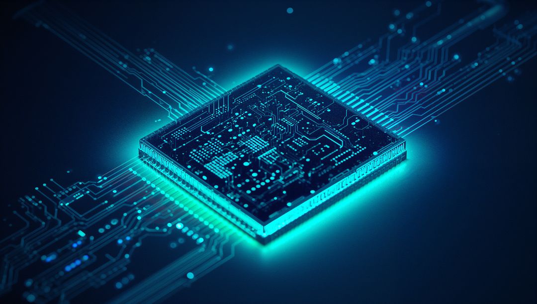 Glowing Microprocessor with Circuit PCB Traces in Cyber Blue