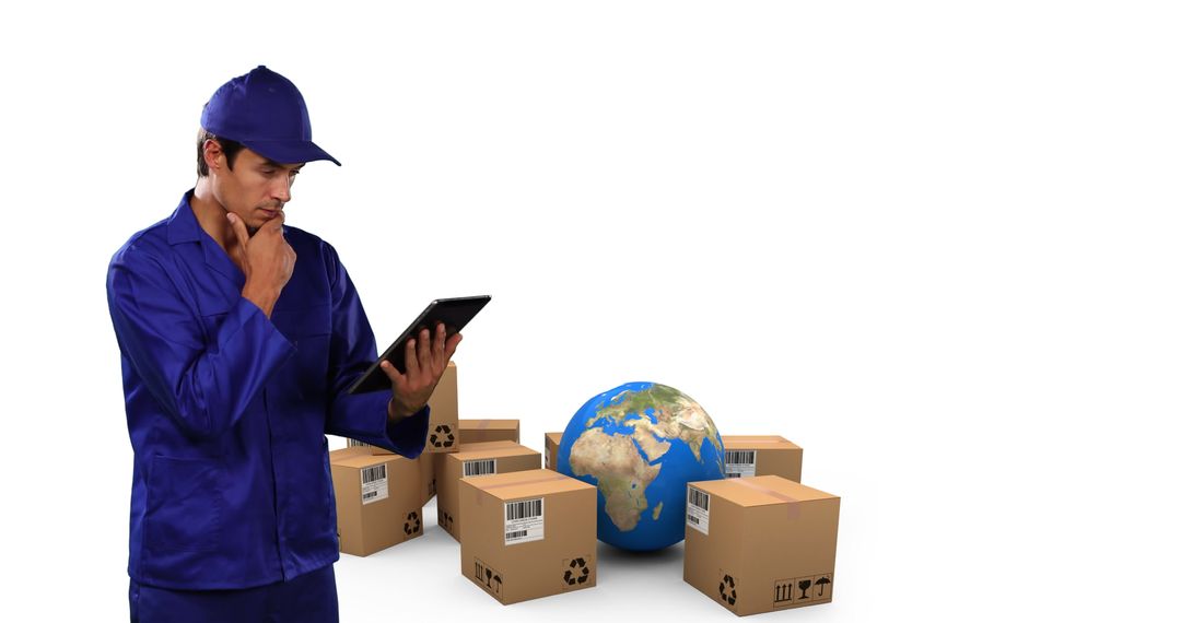 Warehouse Worker Using Tablet in Global Shipping Context