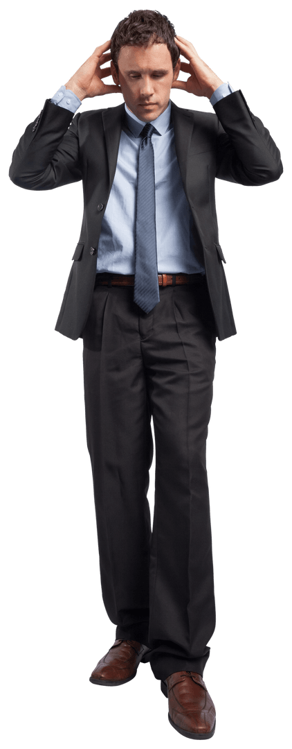 Transparent Stressed Businessman Holding Head in Hands