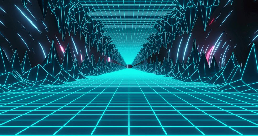 Futuristic Neon Wireframe Tunnel in Virtual Reality