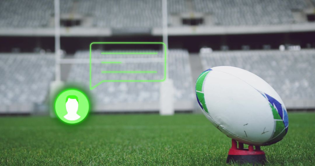 Rugby Ball on Tee in Stadium with Digital Overlay Elements