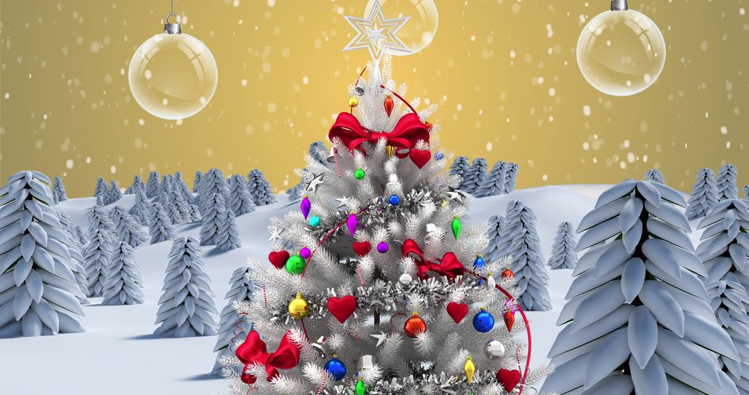 Festive Christmas Tree Under Falling Snow in Winter Wonderland