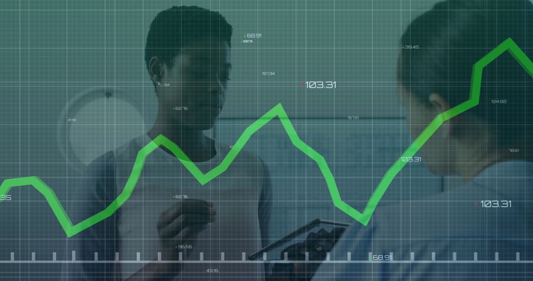 Colleagues Analyzing Financial Data on Digital Grid Interface