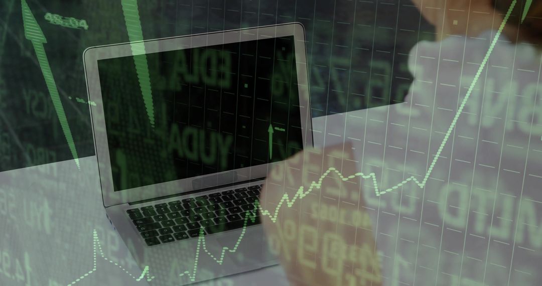 Silver Laptop Showing Green Stock Charts Double Exposure Indicating Rising Market Analytics